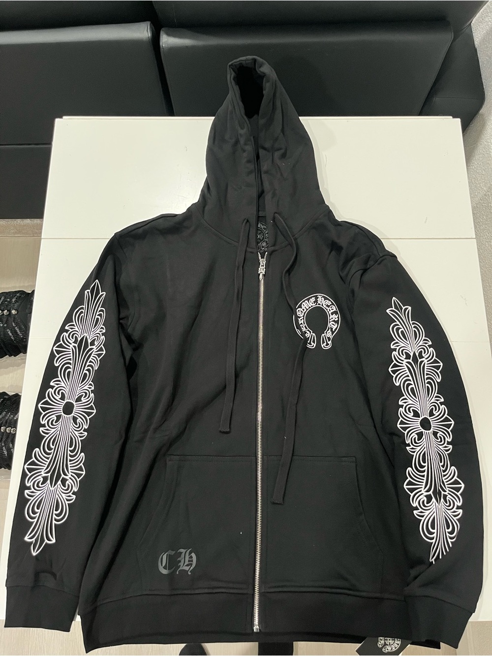 Chrome Hearts Black Zip-Up Hoodie with White Sleeve Graphics